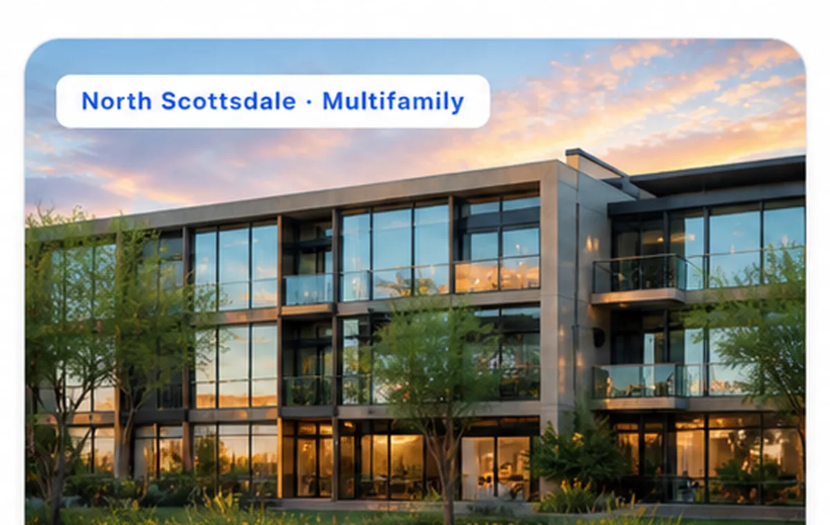 North Scottsdale modern multifamily building at sunset with warm interior lighting